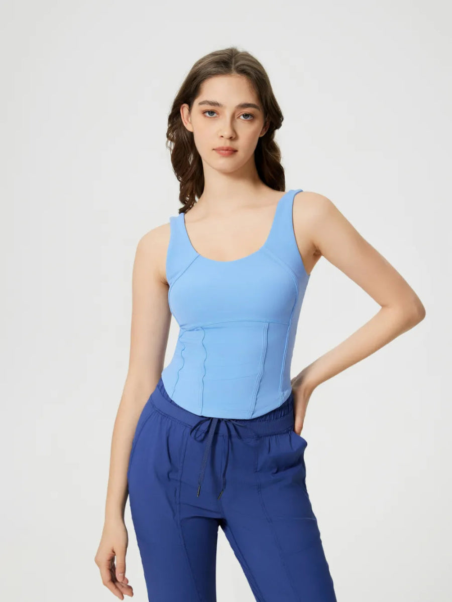 Round Neck Wide Strap Active Tank with Detachable Chest Pads - CELIVINE