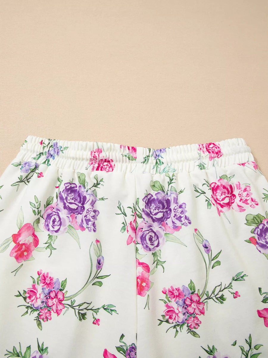 Floral Print Round Neck Top and Drawstring Pants Lounge Set - CELIVINE