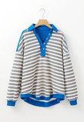 Striped Johnny Collar Long Sleeve Sweatshirt - CELIVINE