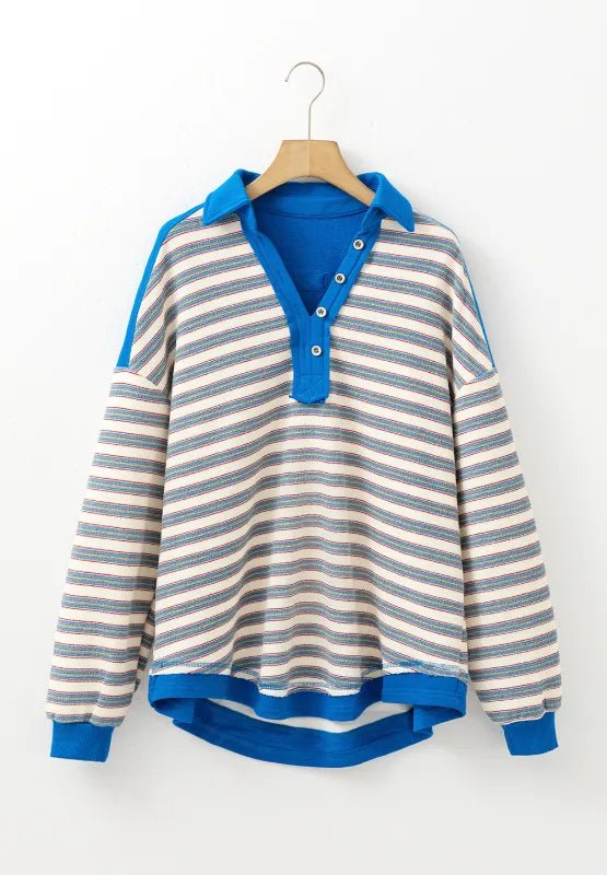 Striped Johnny Collar Long Sleeve Sweatshirt - CELIVINE