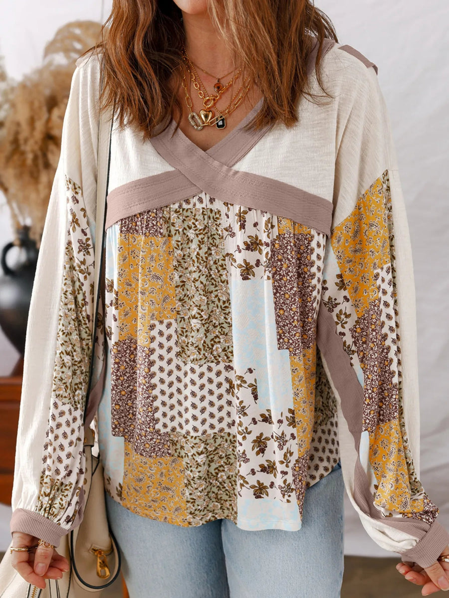 Floral Printed Contrast Patchwork Long Sleeve Top - CELIVINE