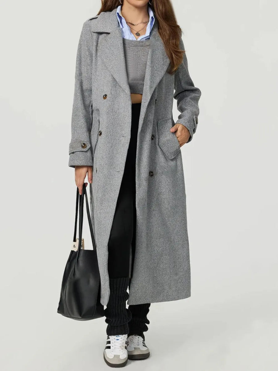 Collared Neck Long Sleeve Longline Coat - CELIVINE