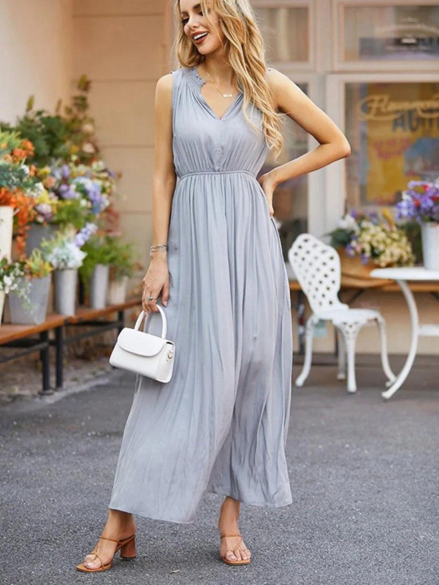 Ruched Notched Sleeveless Midi Dress - CELIVINE