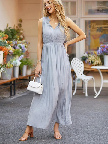 Ruched Notched Sleeveless Midi Dress - CELIVINE