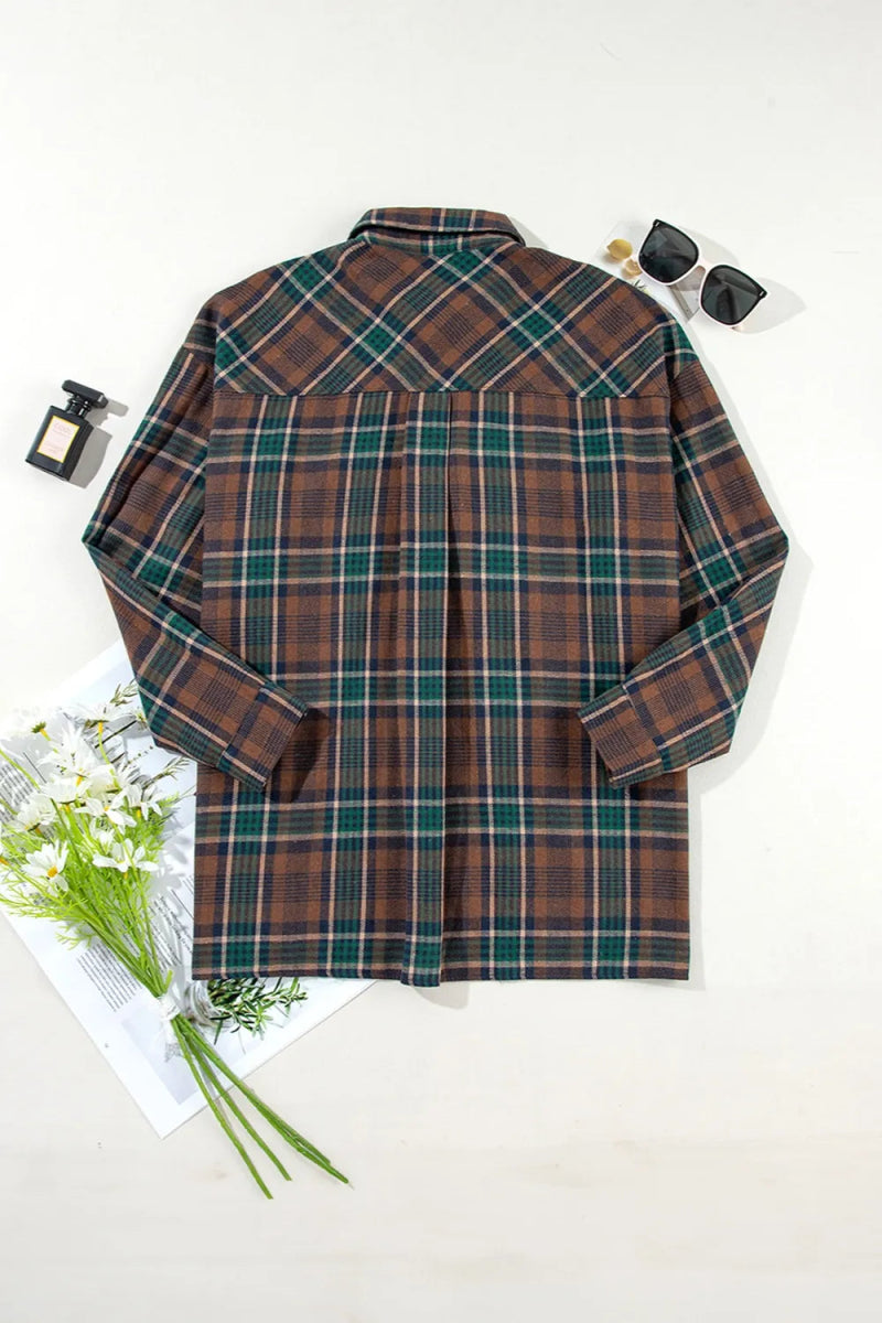 Plaid Button Up Long Sleeve Jacket - CELIVINE