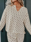 Polka Dot Notched Long Sleeve Top and Drawstring Joggers Lounge Set - CELIVINE