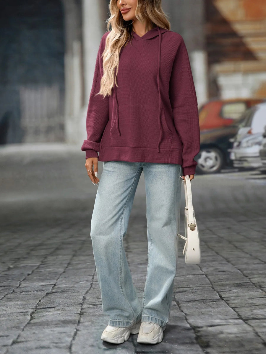 Textured Drawstring Long Sleeve Hoodie - CELIVINE