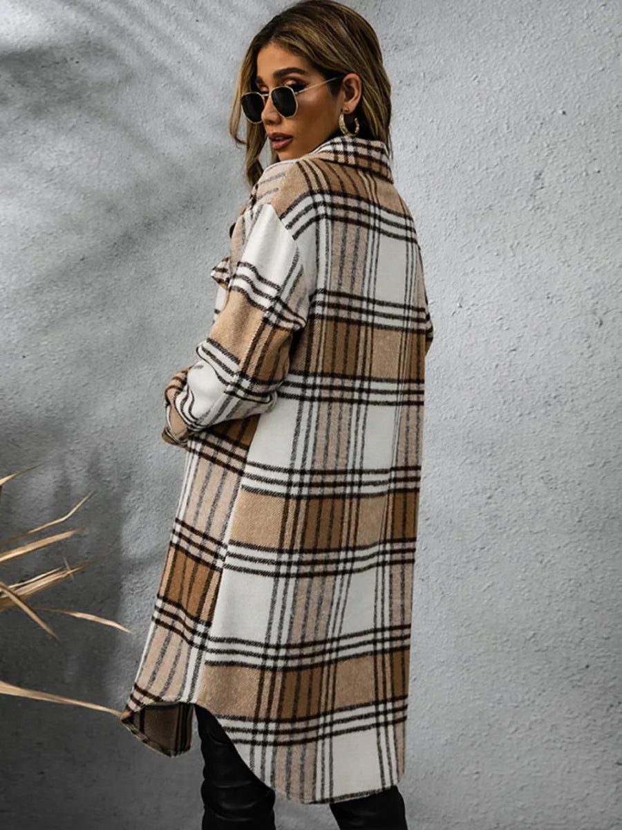 Plaid Collared Neck Long Sleeve Coat - CELIVINE
