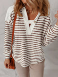 Striped V - Neck Long Sleeve Knit Hoodie - CELIVINE