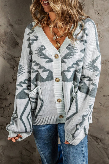 Printed Button Up V - Neck Long Sleeve Cardigan - CELIVINE