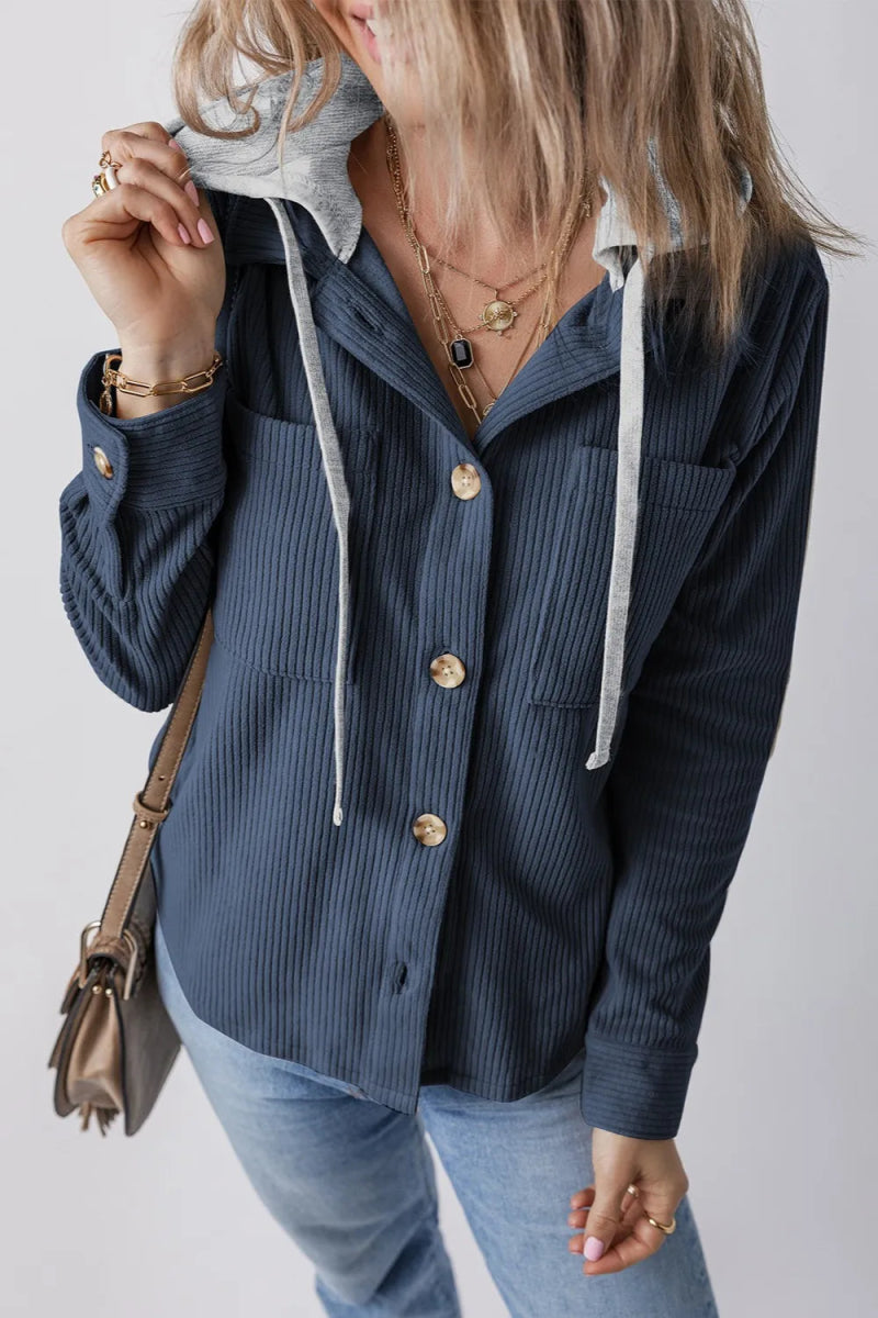 Drawstring Button Up Long Sleeve Hooded Jacket - CELIVINE