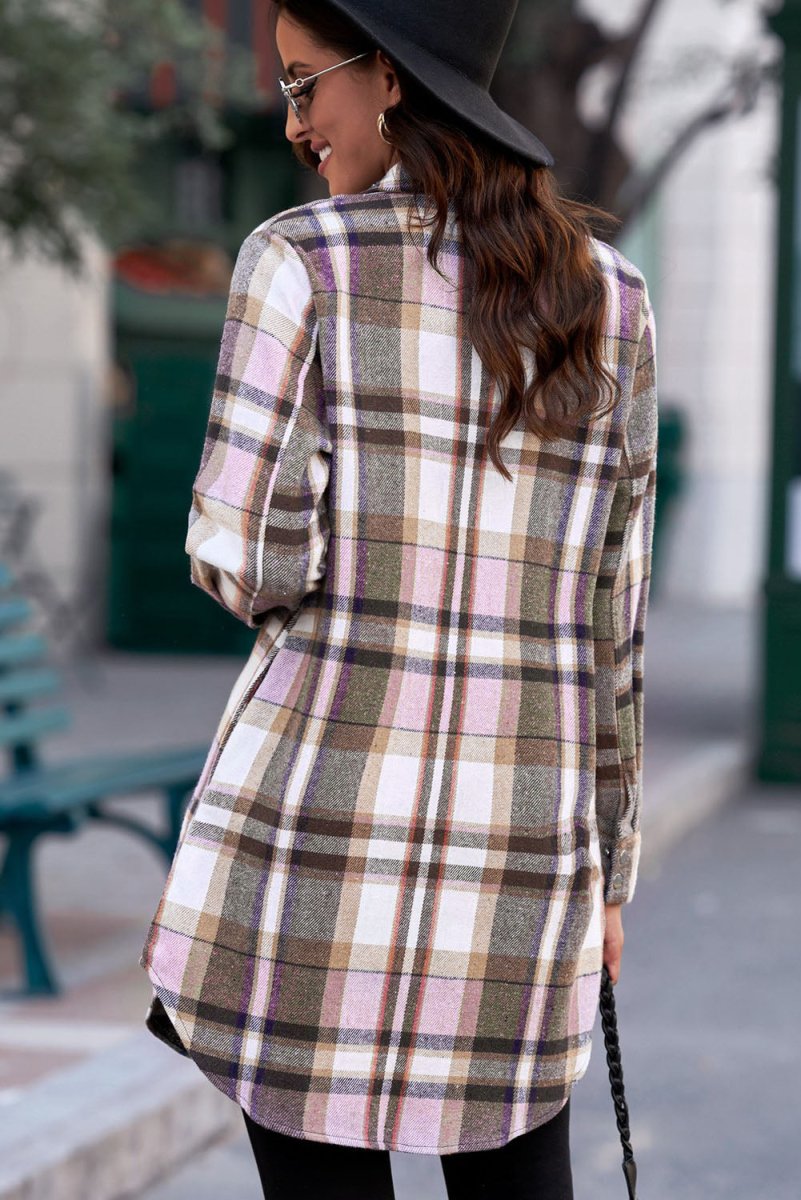 Plaid Button - Up Longline Shirt Jacket - CELIVINE