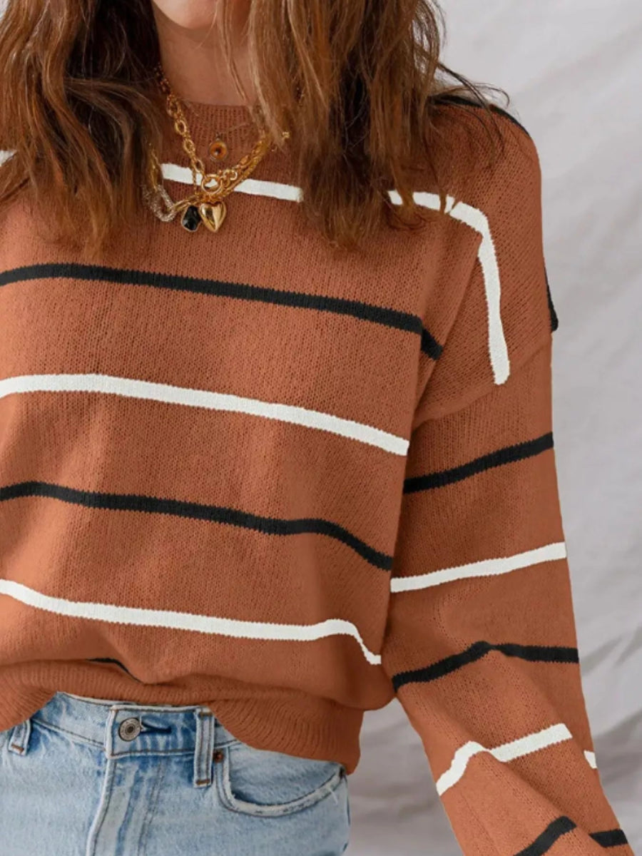 Striped Round Neck Drop Shoulder Sweater - CELIVINE