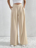 V - Waisted Ruched Front Wide Leg Pants - CELIVINE