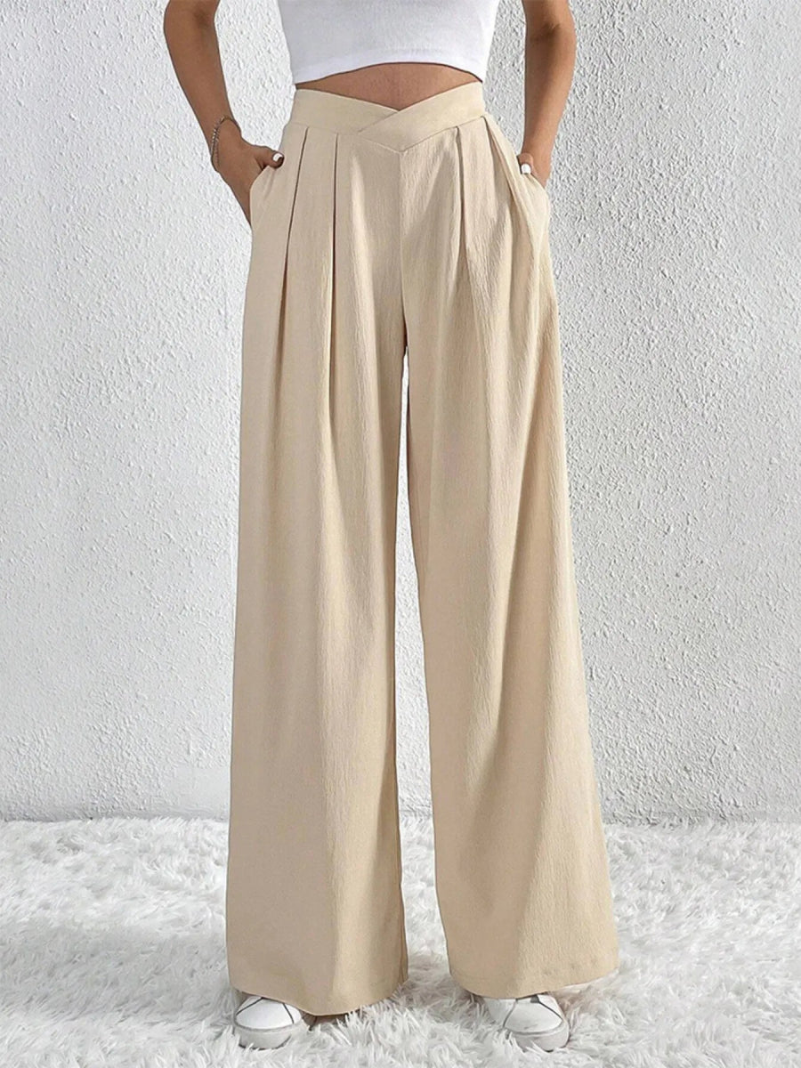 V - Waisted Ruched Front Wide Leg Pants - CELIVINE