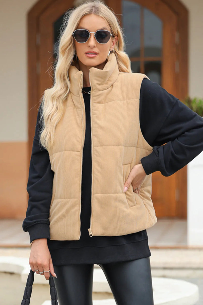 Pocketed Zip Up Turtleneck Vest Coat - CELIVINE