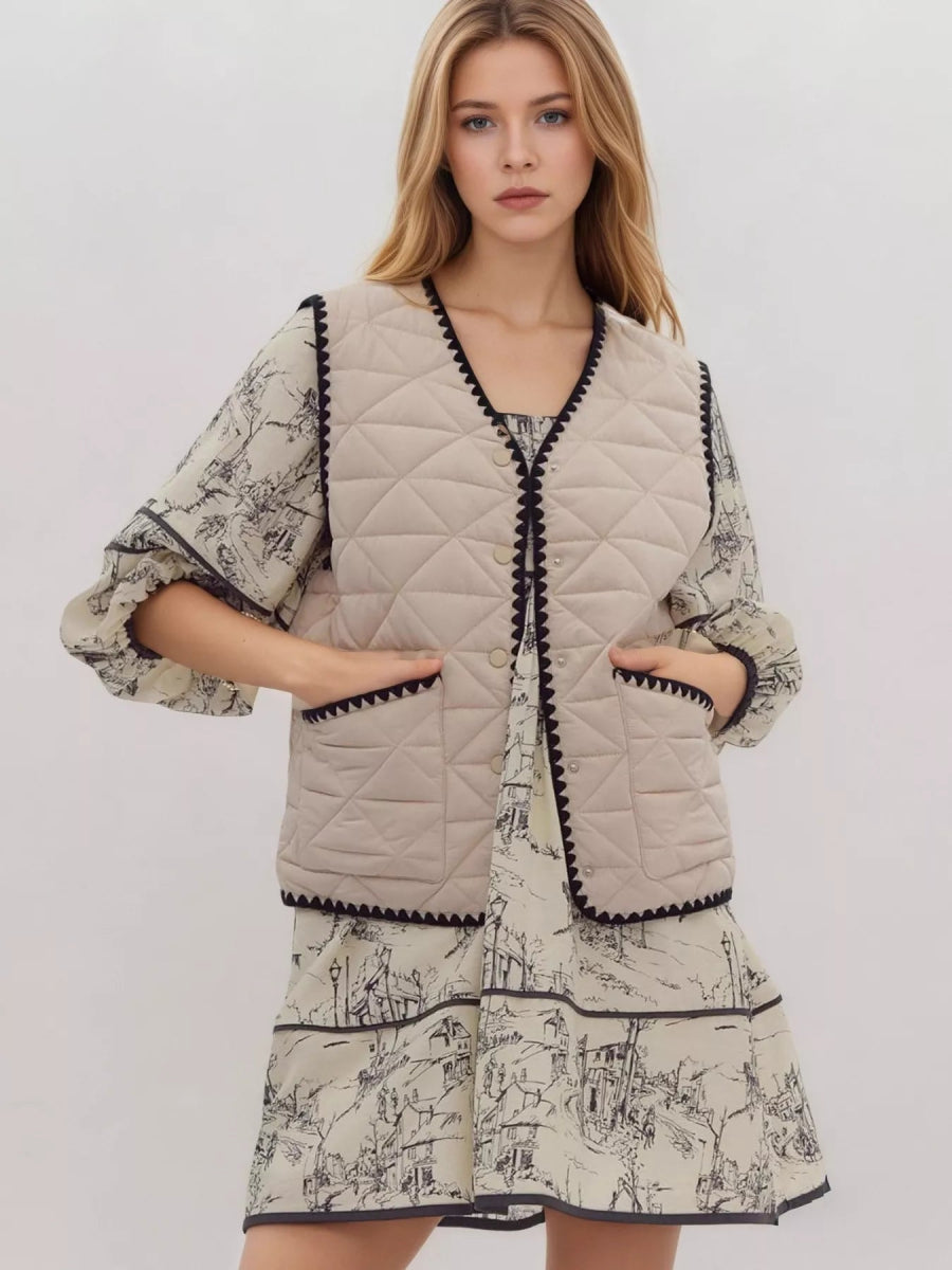 Textured Snap Down Vest Coat - CELIVINE