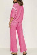 Contrast Trim Round Neck Top and Pants Set - CELIVINE
