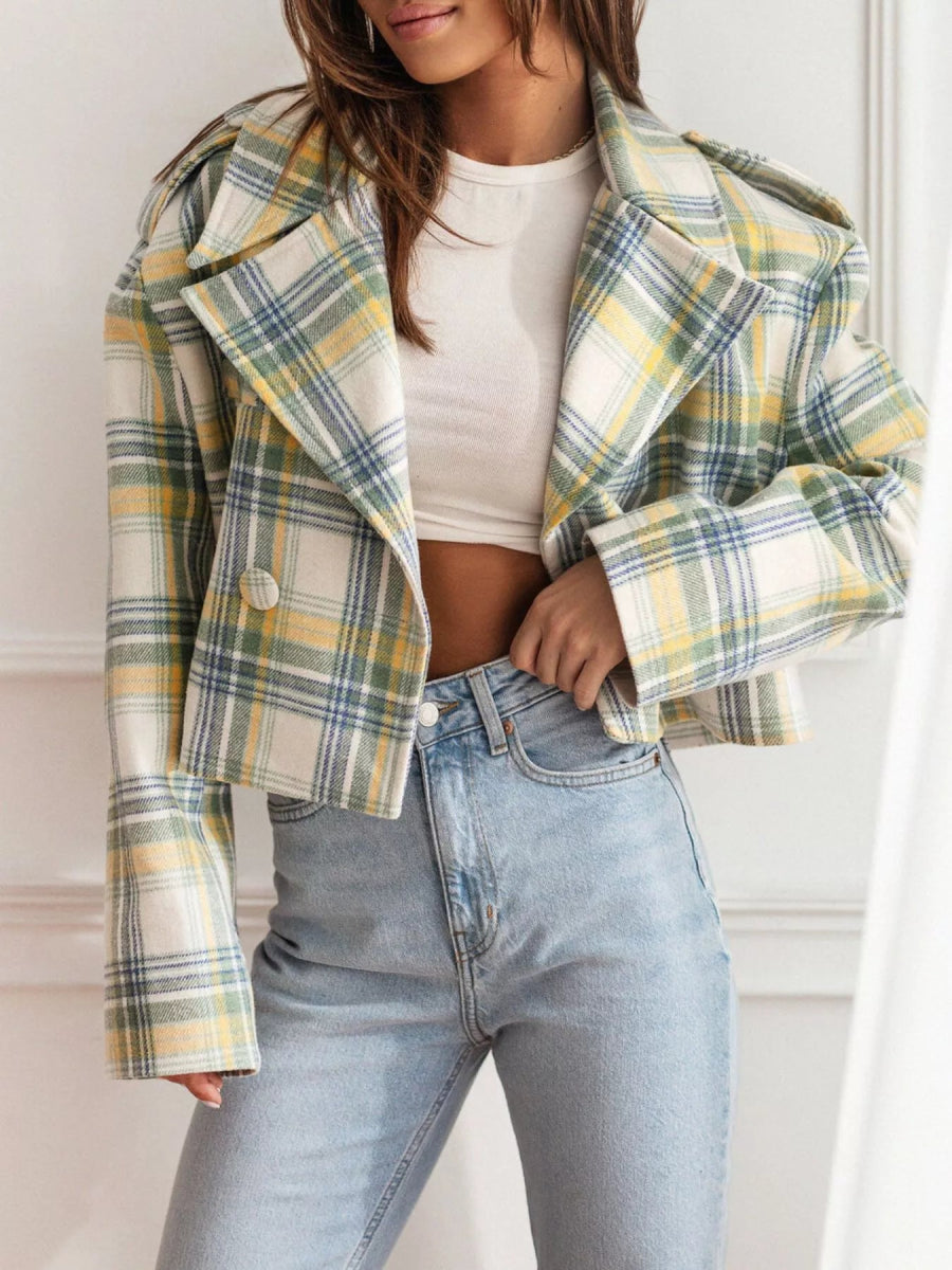 Plaid Lapel Collar Cropped Outerwear - CELIVINE