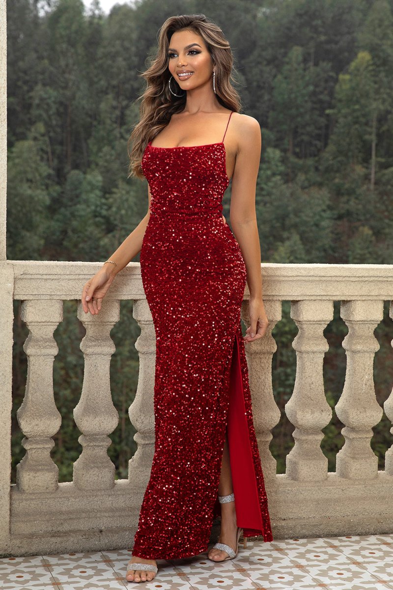 Sequin Backless Split Maxi Dress - CELIVINE