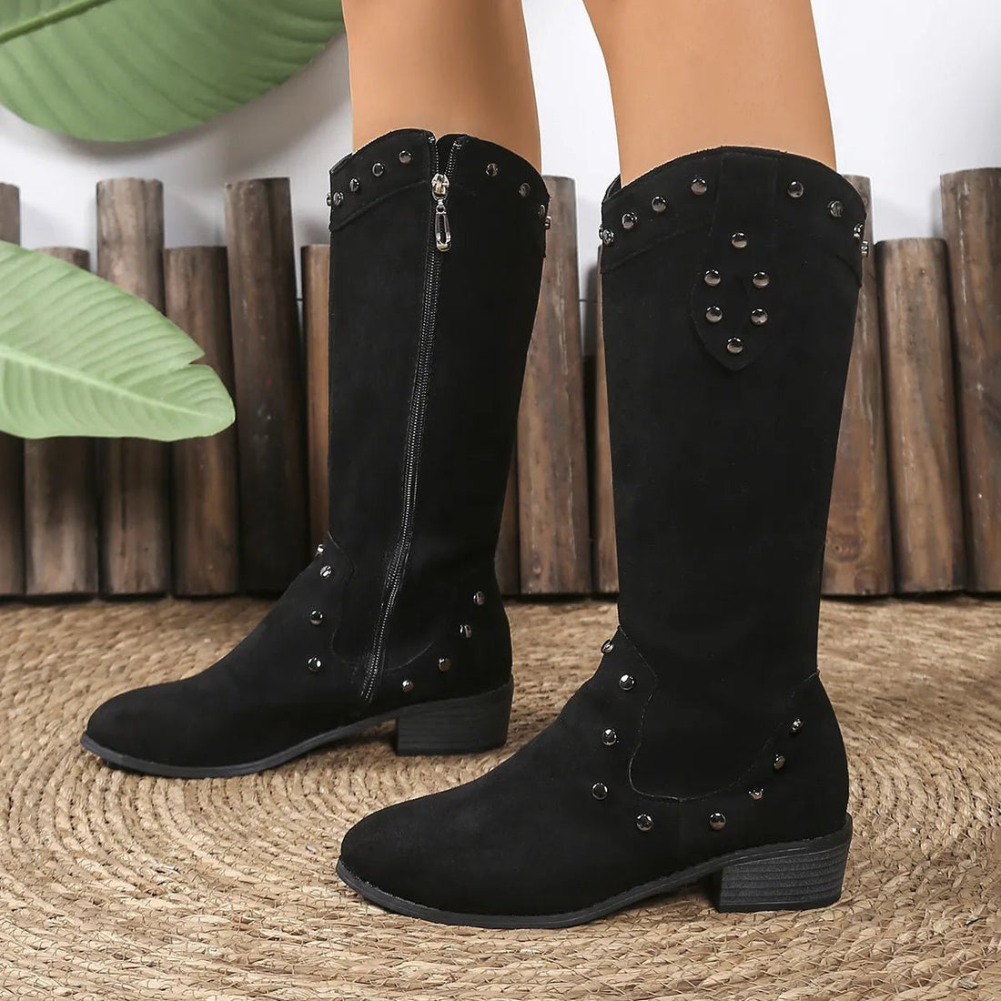 Studded Mid - Calf Boots with Side Zipper Closure - CELIVINE