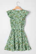 Floral Flutter Sleeve V - Neck Sashed Ruffled Mini Dress - CELIVINE