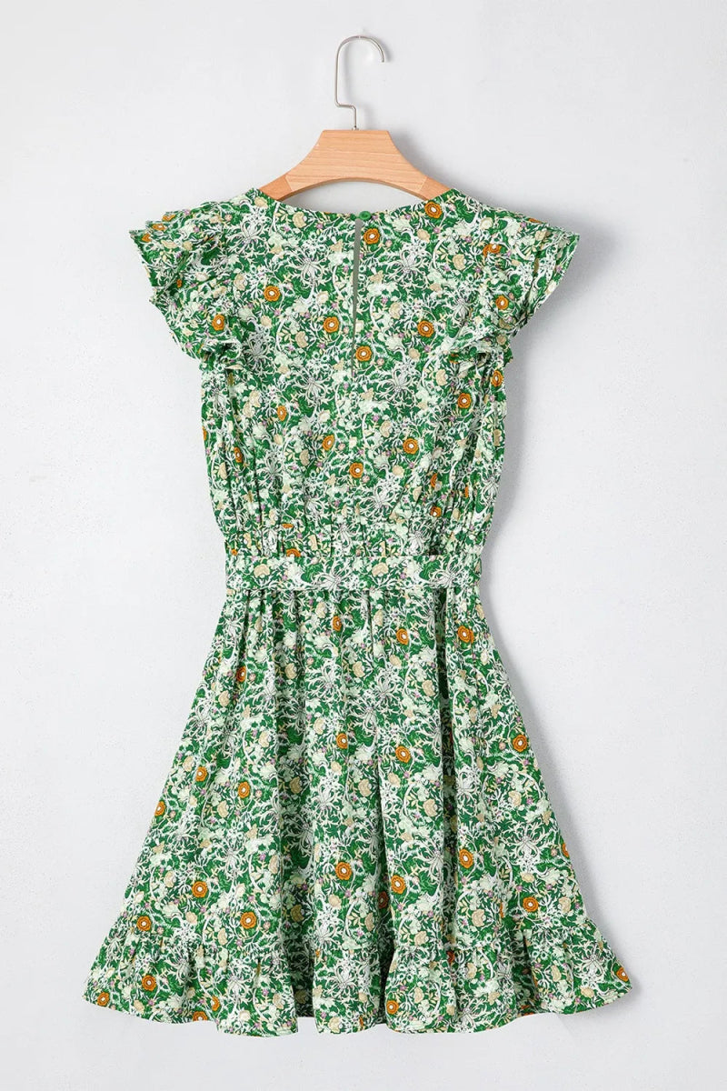 Floral Flutter Sleeve V - Neck Sashed Ruffled Mini Dress - CELIVINE