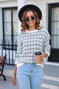 Plaid Round Neck Long Sleeve Pullover Sweater - CELIVINE