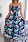 Botanical Print Tied Backless Cutout Slit Dress - CELIVINE