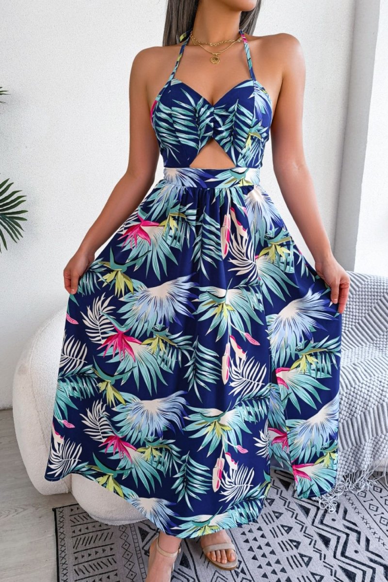 Botanical Print Tied Backless Cutout Slit Dress - CELIVINE