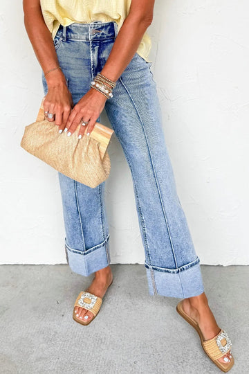 High - Waisted Wide - Leg Cuffed Jeans - CELIVINE