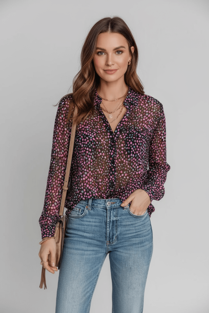 Printed Notched Long Sleeve Blouse - CELIVINE