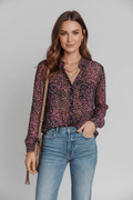 Printed Notched Long Sleeve Blouse - CELIVINE