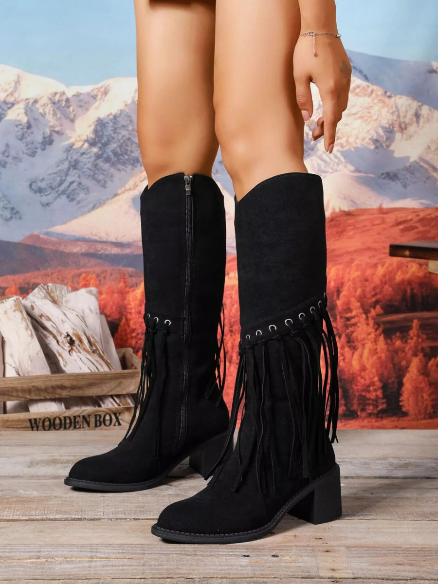 Fringe Point Toe Block Heels Boots - CELIVINE