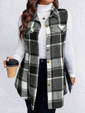 Honey Plus Size Pocketed Plaid Button Up Vest Coat - CELIVINE