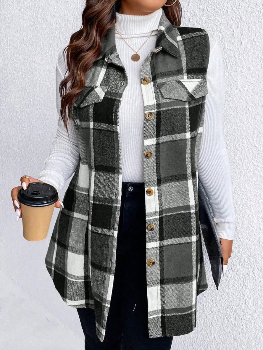 Honey Plus Size Pocketed Plaid Button Up Vest Coat - CELIVINE