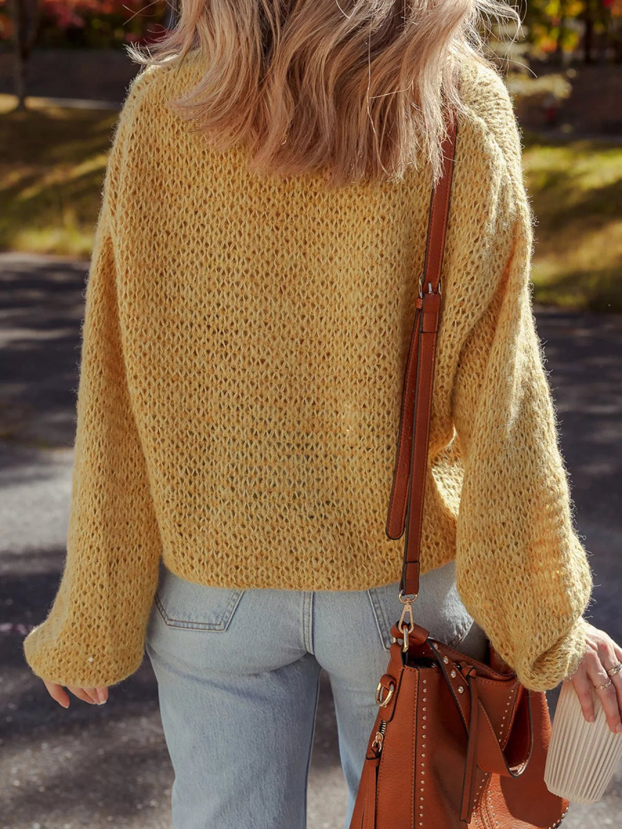 Lantern Sleeve Scallop V Neck Buttoned Front Cardigan - CELIVINE