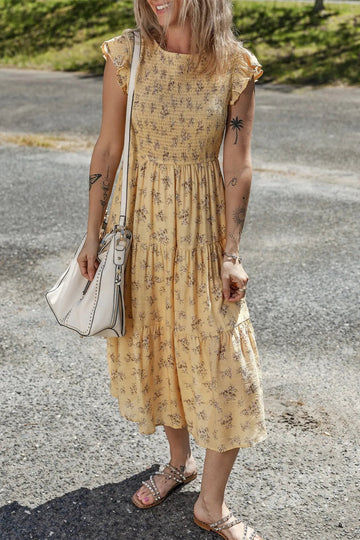 Floral Print Ruffle Cap Sleeve Smocked Flowy Dress - CELIVINE