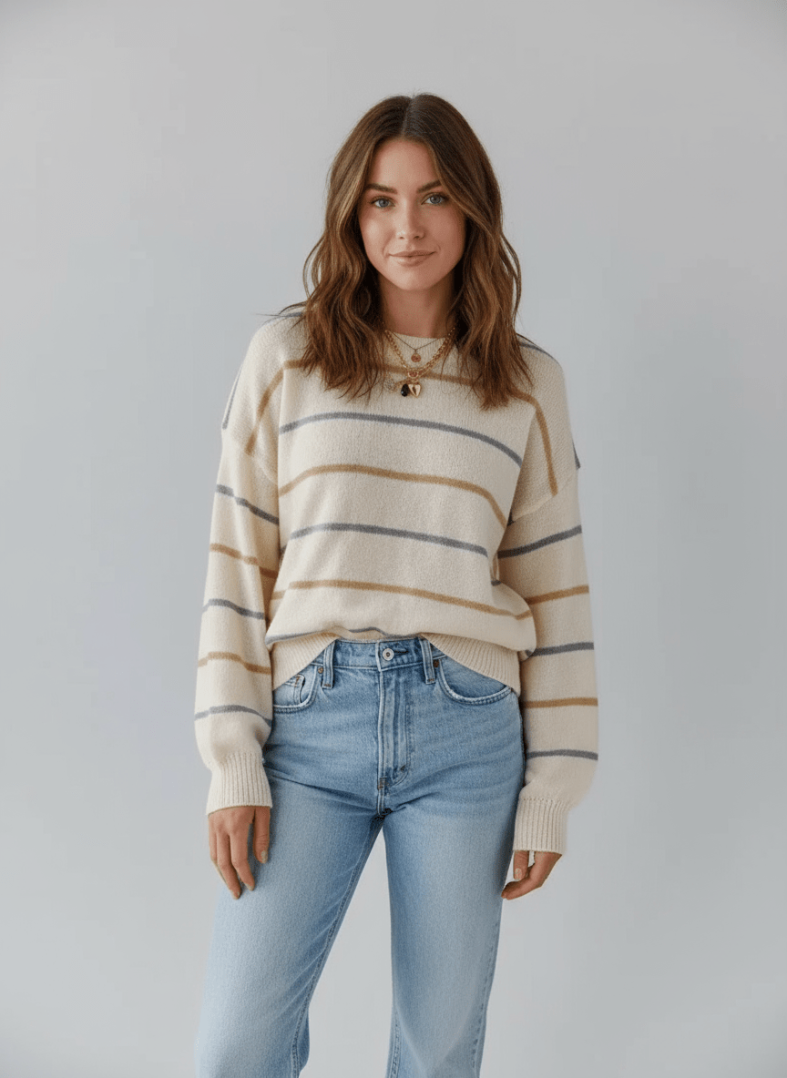 Striped Round Neck Drop Shoulder Sweater - CELIVINE