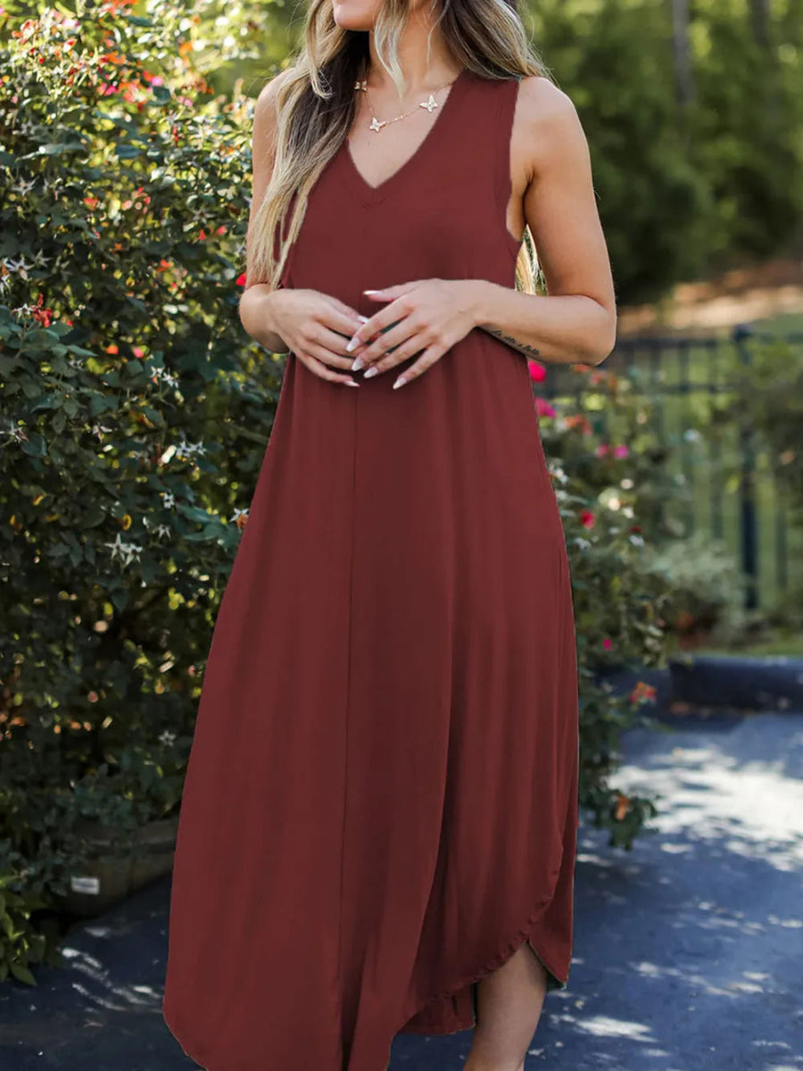 Full Size V - Neck Midi Tank Dress - CELIVINE
