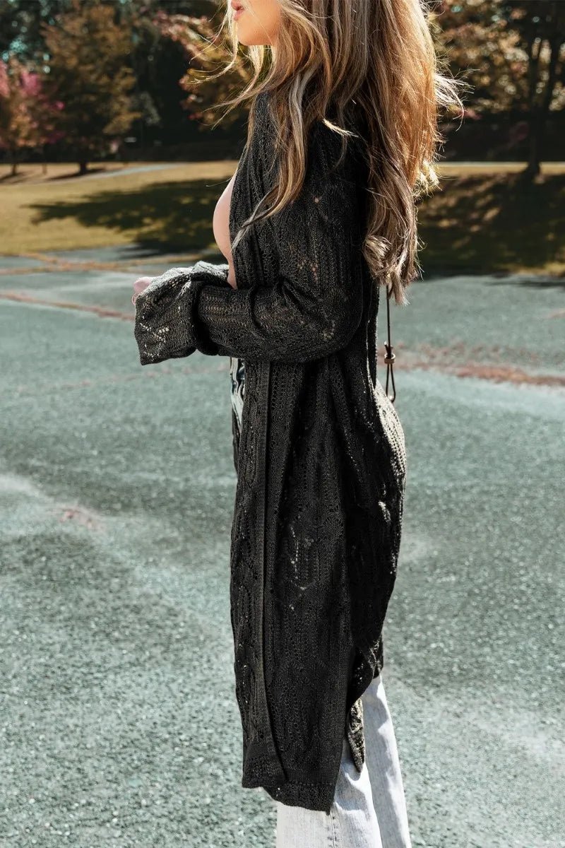 Openwork Open Front Long Sleeve Cardigan - CELIVINE