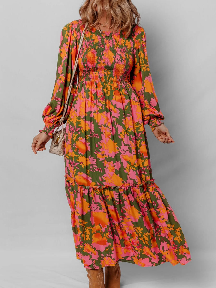 Smocked Floral Print Long Sleeve Maxi Dress - CELIVINE