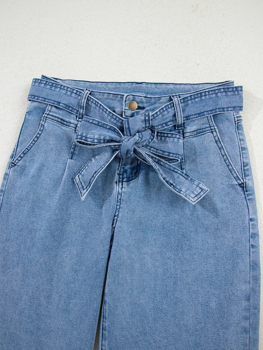 High Waisted Wide Leg Belted Jeans - CELIVINE