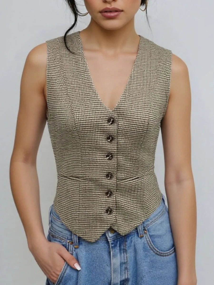 Plaid Button Down Vest - CELIVINE