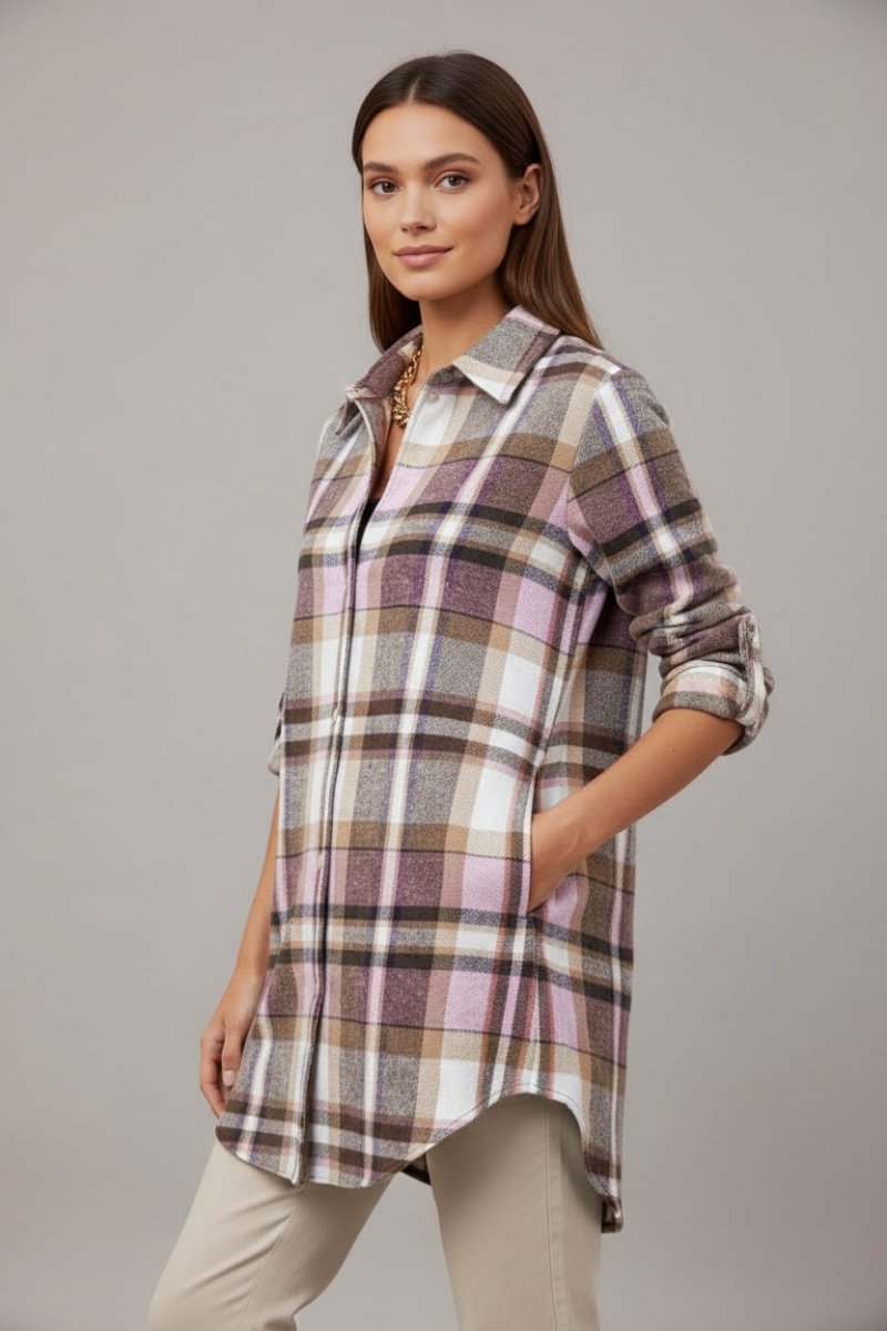 Plaid Button - Up Longline Shirt Jacket - CELIVINE