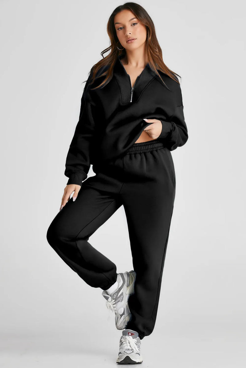 Quarter Zip Long Sleeve Top and Pants Set - CELIVINE