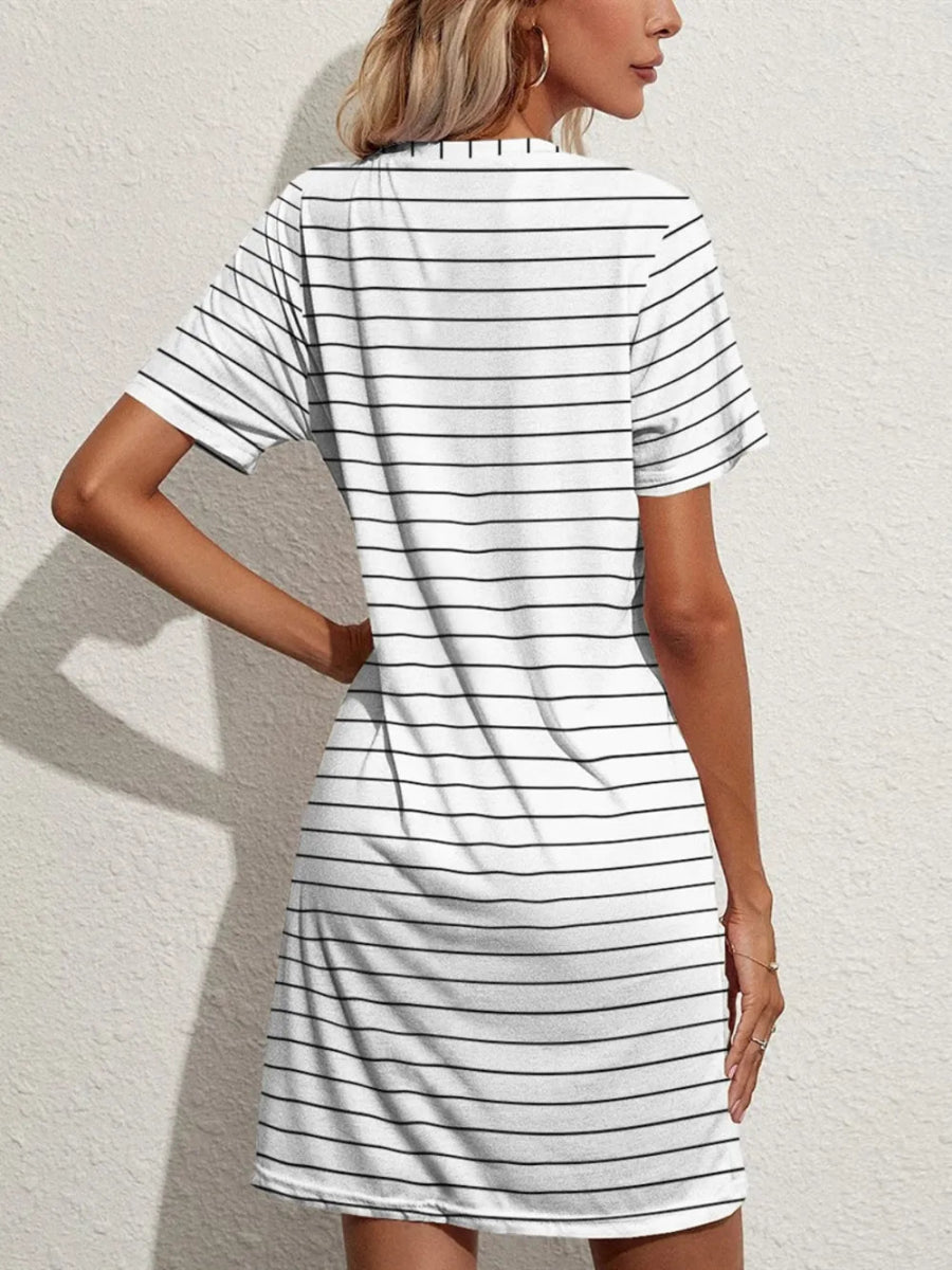 Pocketed Striped Round Neck Short Sleeve Dress - CELIVINE