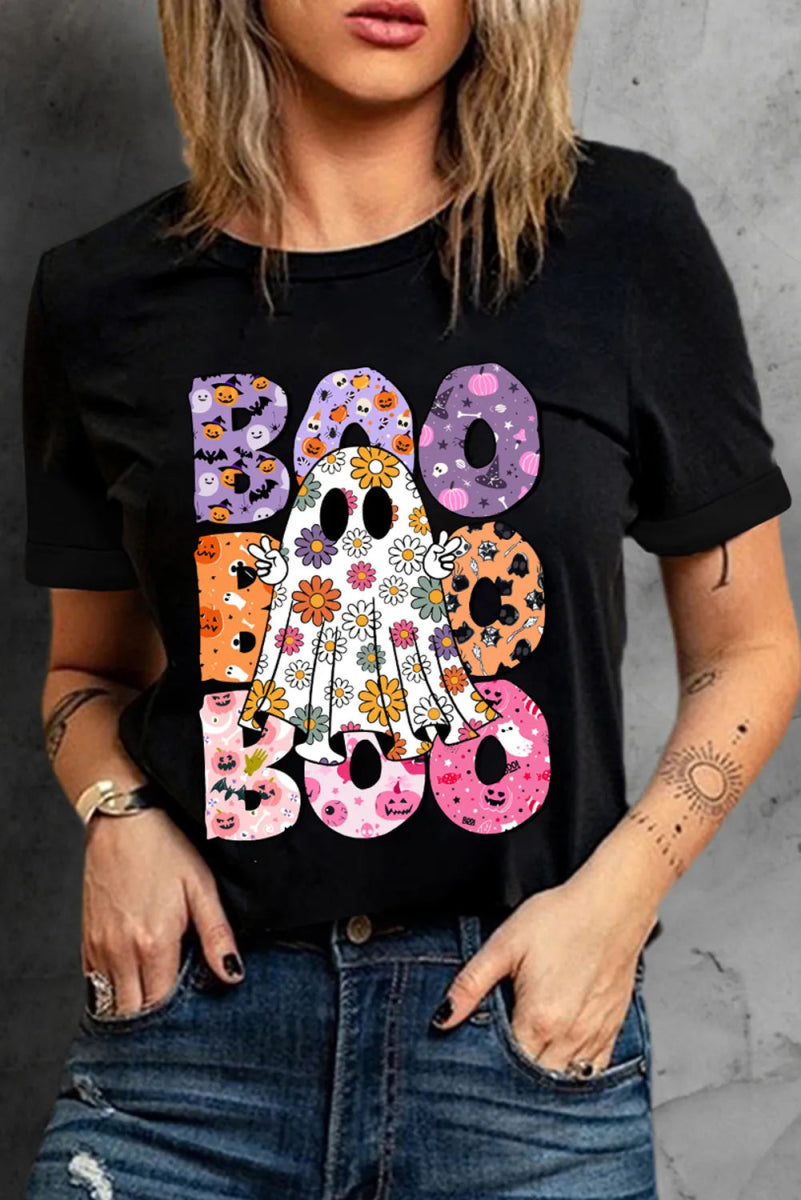 BOO Ghost Graphic Round Neck Short Sleeve T-Shirt - CELIVINE