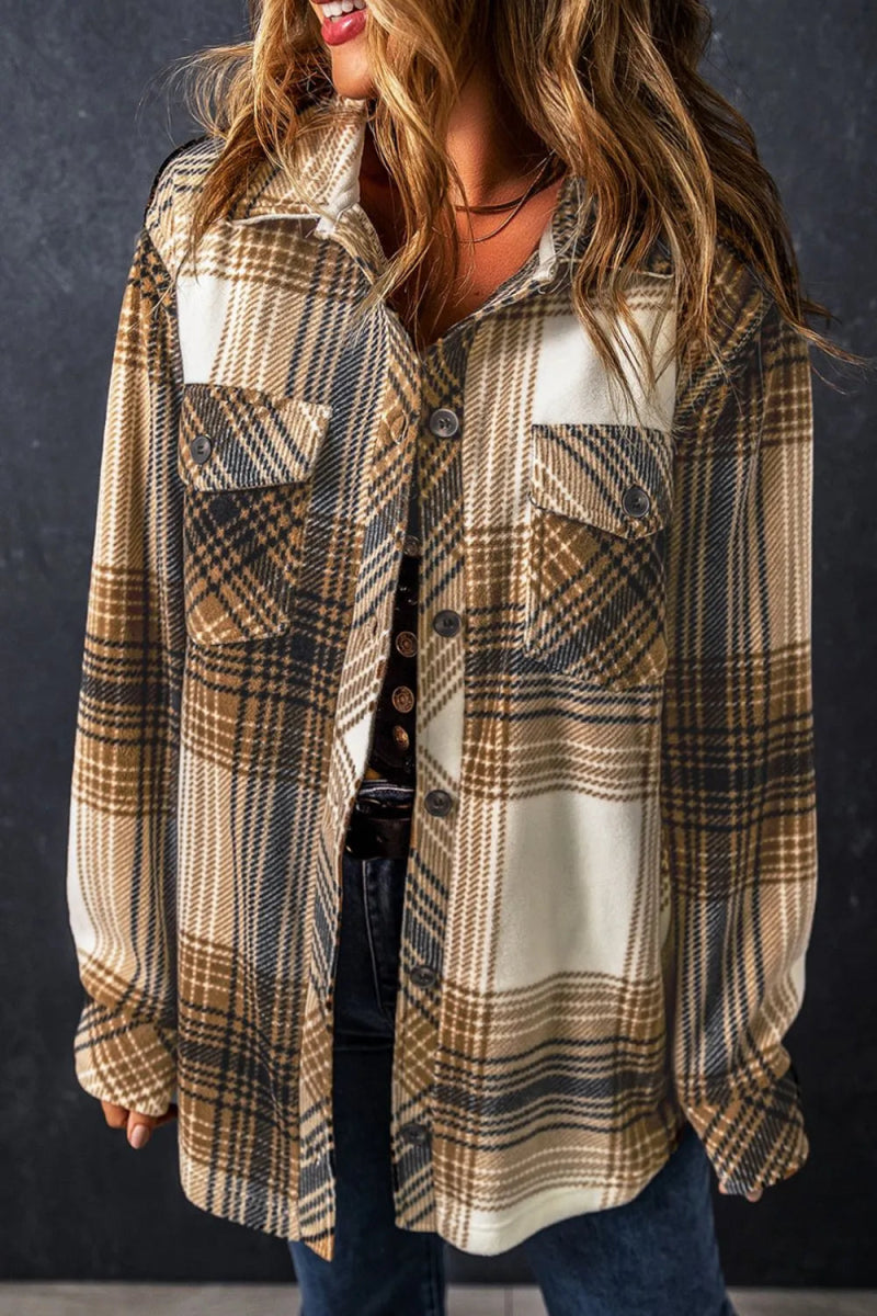 Plaid Button Up Long Sleeve Shacket - CELIVINE