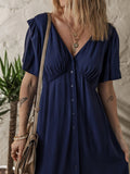 V Neck Buttoned Front Shirred Back Short Sleeve Midi Dress - CELIVINE